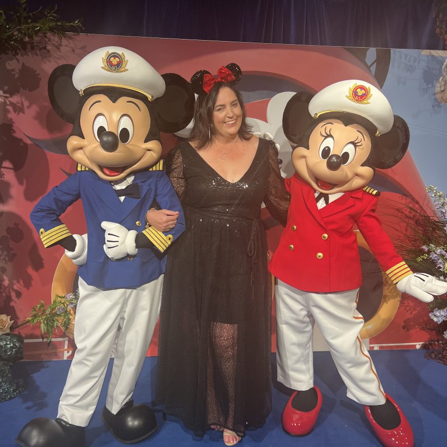 Rebecca Mason with Captain Mickey and Minnie at Disney Cruises Sydney launch.