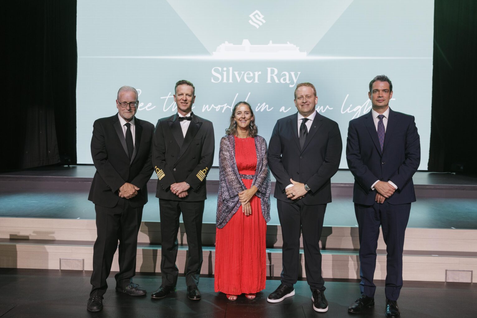 At Silver Ray's naming ceremony with the ship's godmother Maria Josefina Olascoaga in the centre
